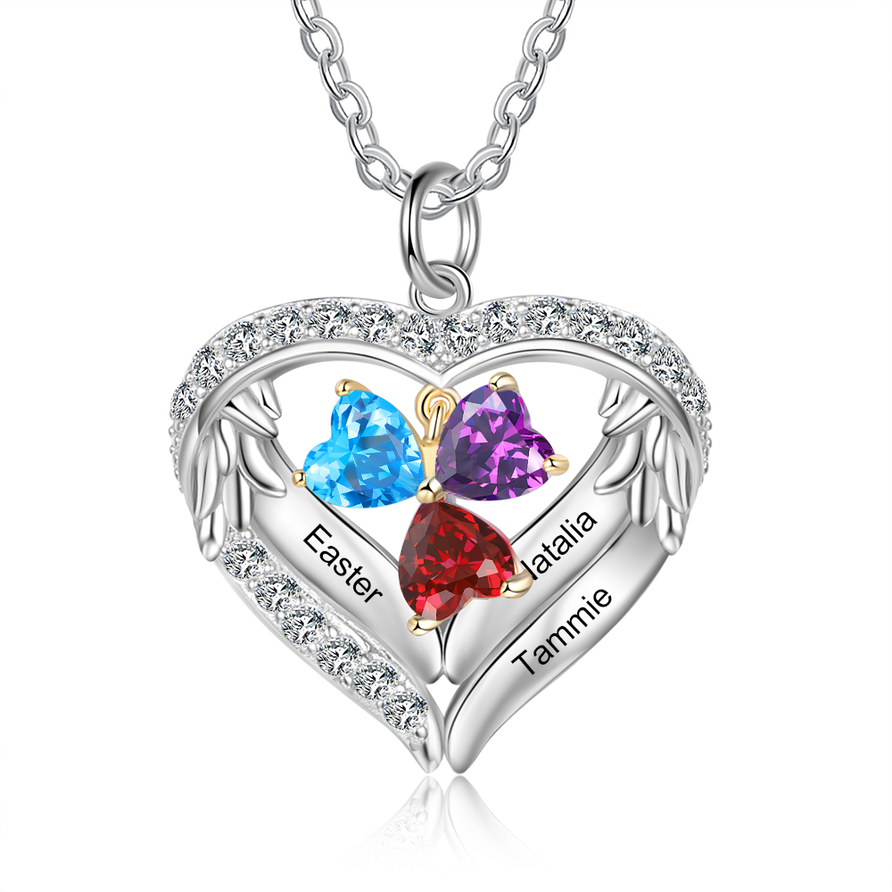 Personalised Wings Necklace With 3 Heart Birthstones Engraved Names Gift For Women-Jessemade AU