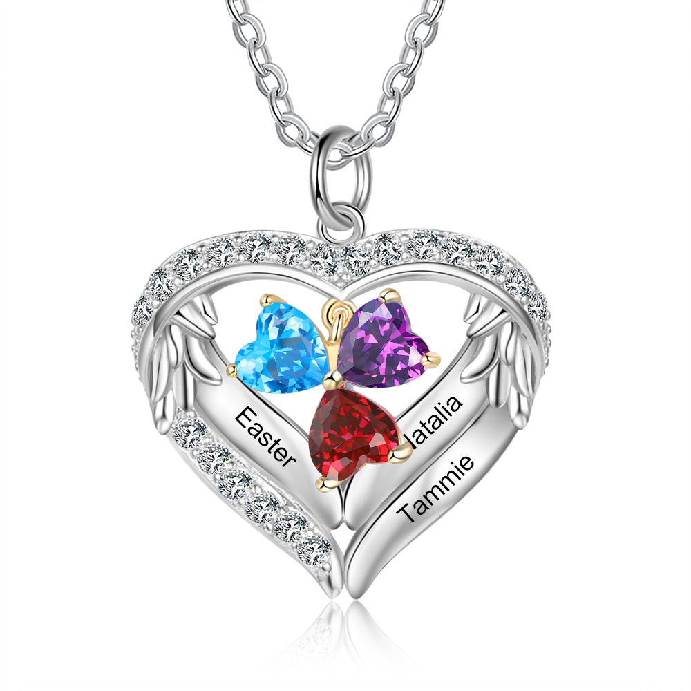 Personalised Wings Necklace With 3 Heart Birthstones Engraved Names Gift For Women-Jessemade AU