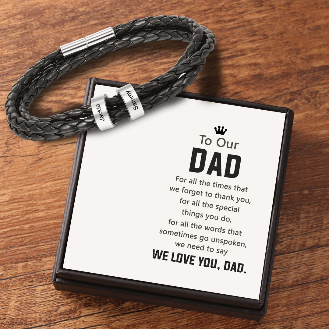 Leather Braided Bracelet Men Bracelets Personalised 2 Names 2 Beads Gift For Dad-Jessemade AU