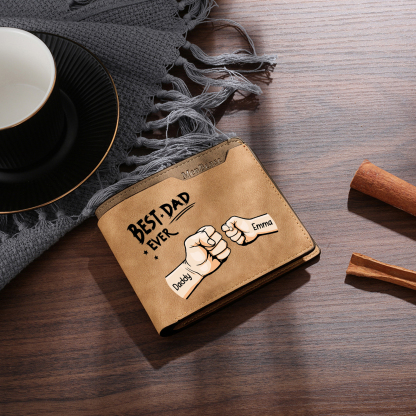 Best Dad Ever - Custom 2 Names & 1 Text Billfold Wallet Personalised Fist Bump Men's Leather Wallet