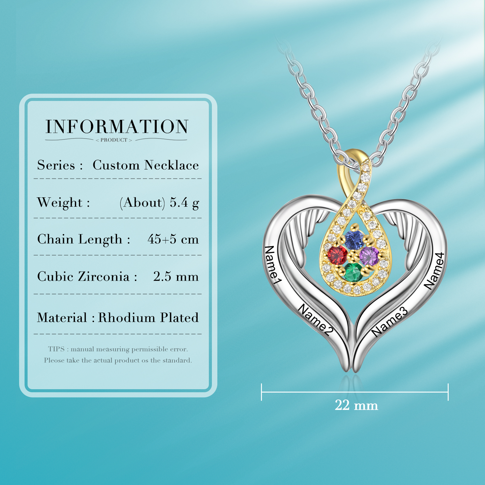 Personalised Drop Heart wings Necklace with 4 Birthstones Engraved Names Best Gift For Women-Jessemade AU