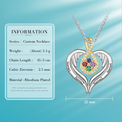 Personalised Drop Heart wings Necklace with 4 Birthstones Engraved Names Best Gift For Women-Jessemade AU