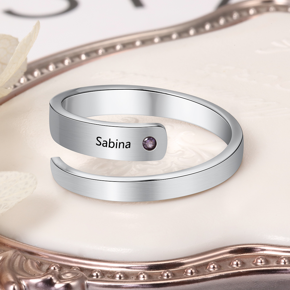 Personalised Ring With 1 Birthstone Engraved Names Ring Gift For Women-Jessemade AU