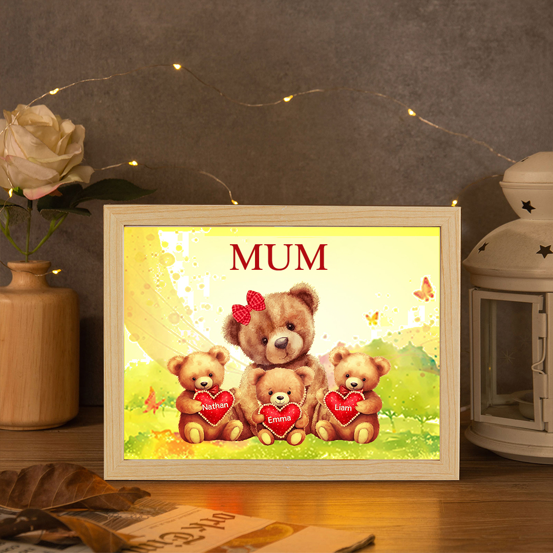 Personalised Frame Night Light Custom 1 Text  & 3 Names Teddy Bears Family Ornament Gifts for Mother/Grandma-Jessemade AU