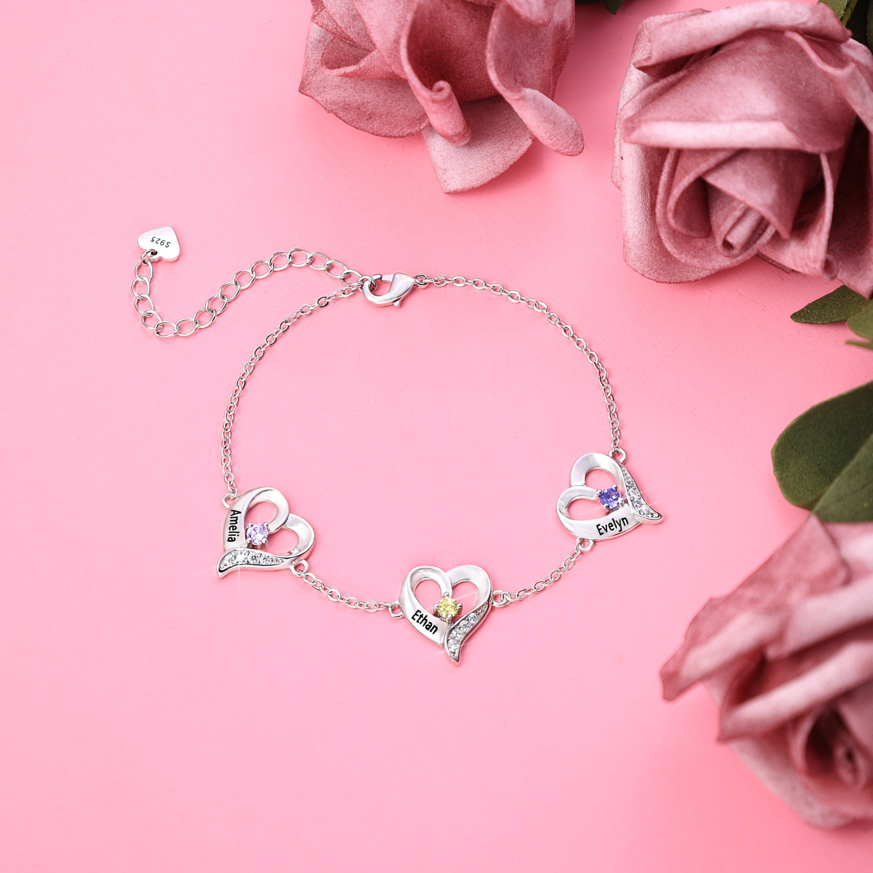 3 Names - Personalised Heart Bracelet Gift Set With Gift Box Custom Name & Birthstone Bracelet Gift For Her-Jessemade AU