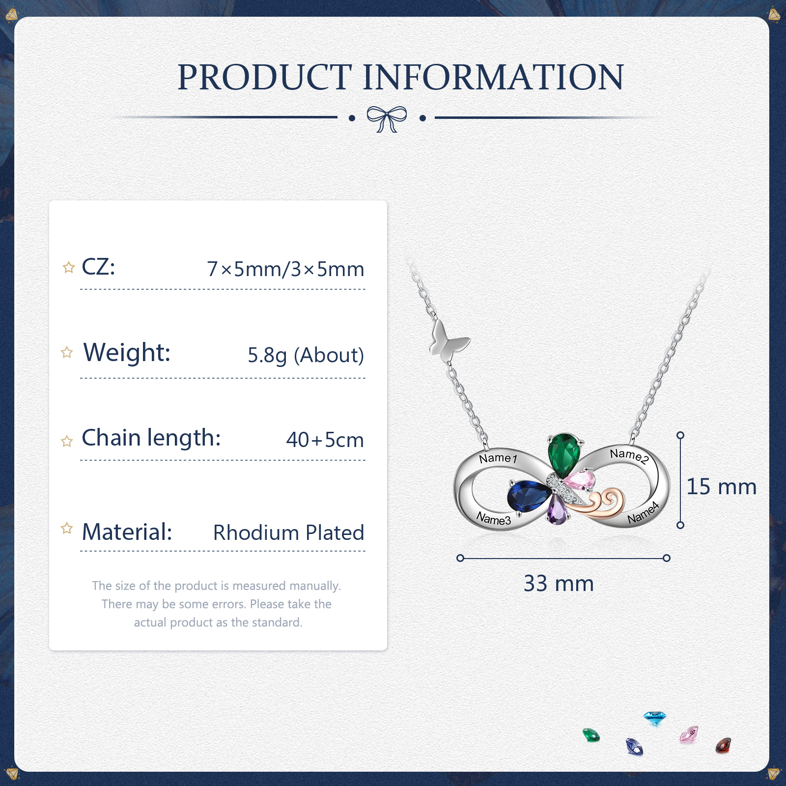 Personalised Infinity Butterfly Necklace With 4 Birthstones Engraved Names Gift For Women-Jessemade AU