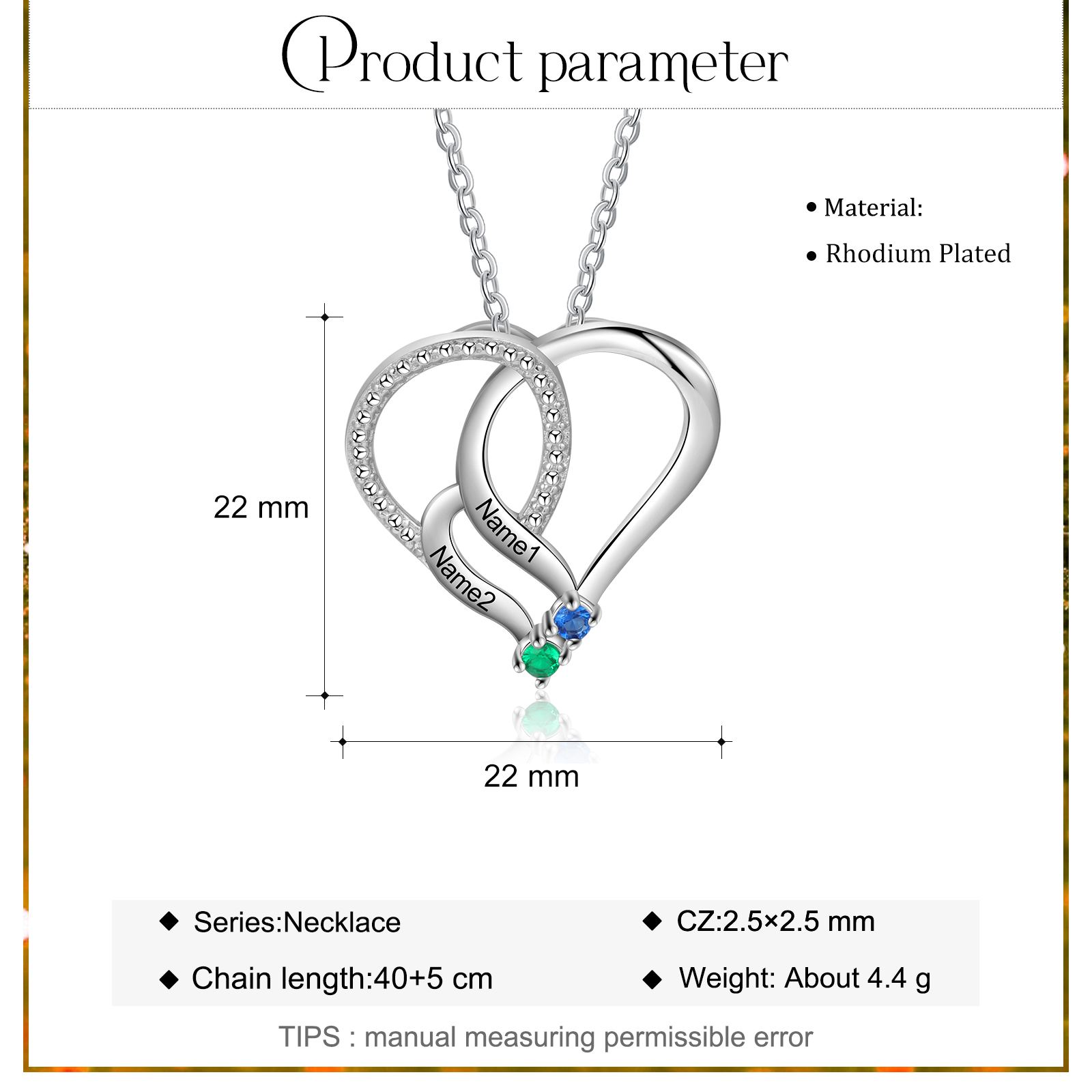 Personalised Heart Necklace With 2 Birthstones Engraved Names Gift For Her-Jessemade AU