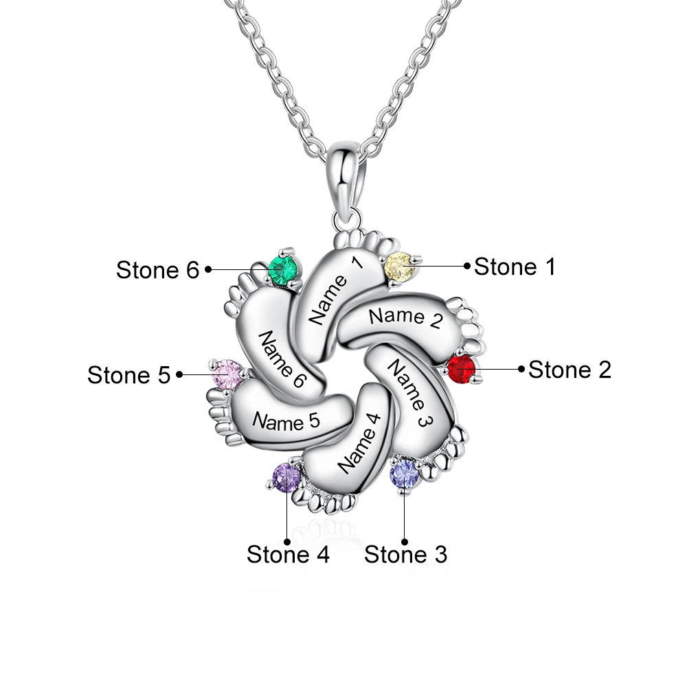 Personalised Baby Foot Necklace With 6 Birthstones Engraved Names Gift For Mother-Jessemade AU
