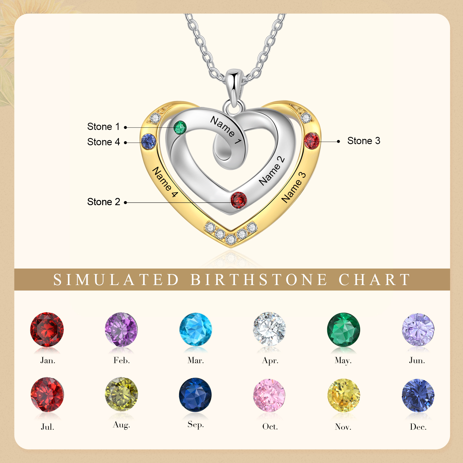 Personalised 4 Names & 4 Birthstones Necklace Custom Heart Pendant Necklace Gifts for Her-Jessemade AU