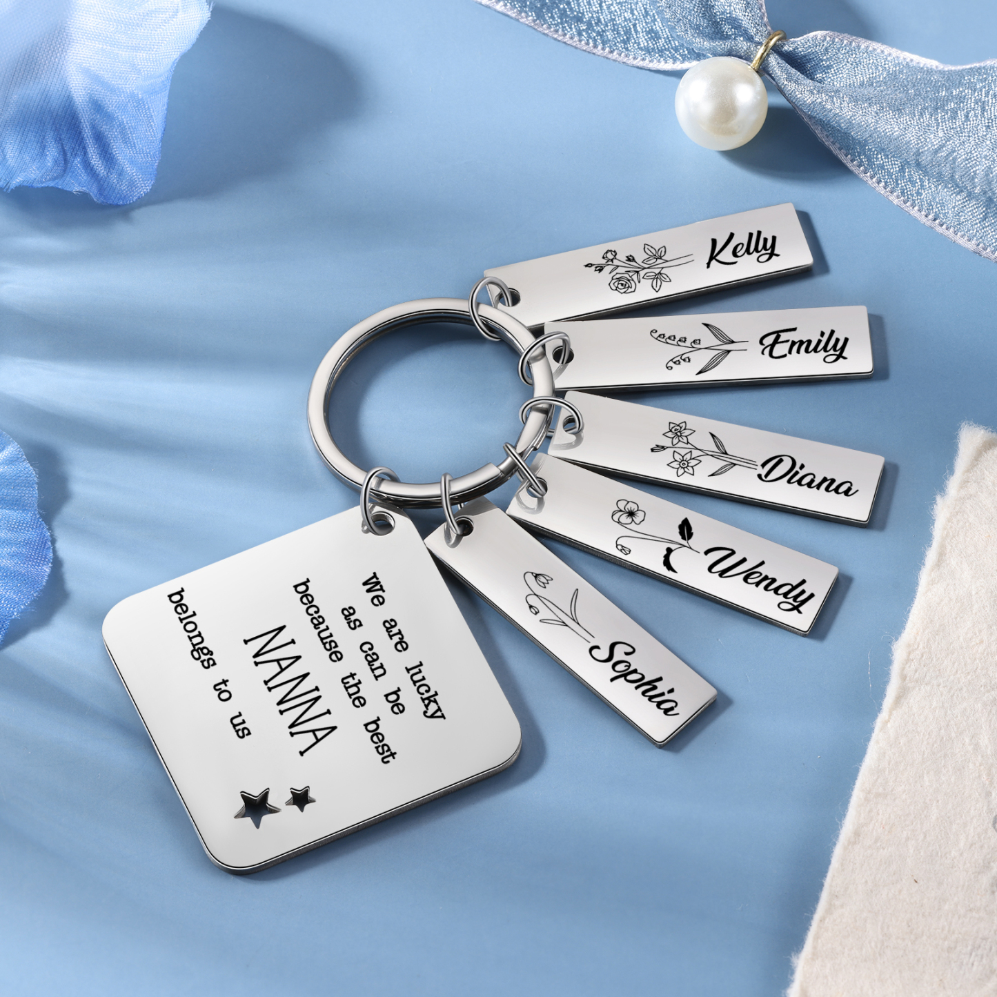 Personalised 5 Names & 5 Birth Flowers Keychain Custom Text Family Keychain Gifts for Mother/Grandma-Jessemade AU