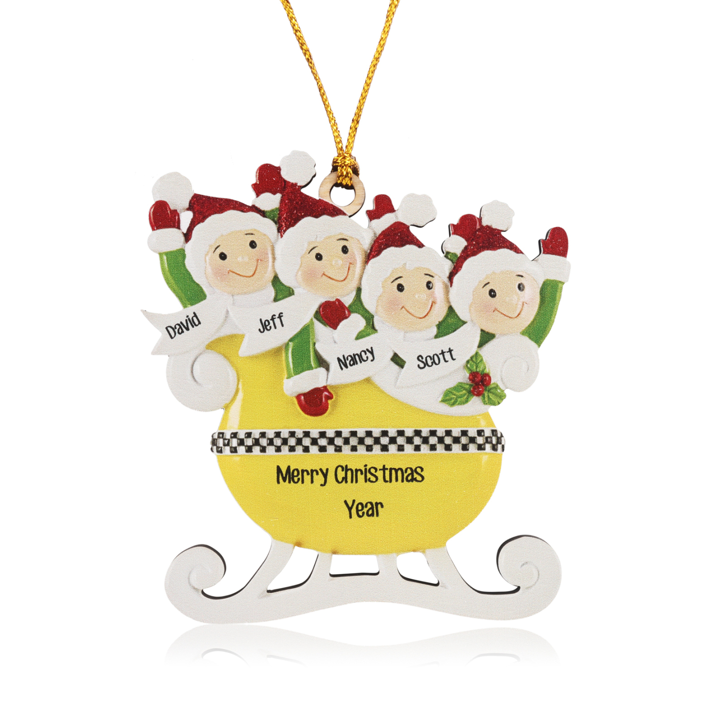 4 Names - Personalised Yellow Sleigh Family Christmas Ornament Customised Name & Text Wooden Hanging Ornaments Christmas Gift for Family-Jessemade AU