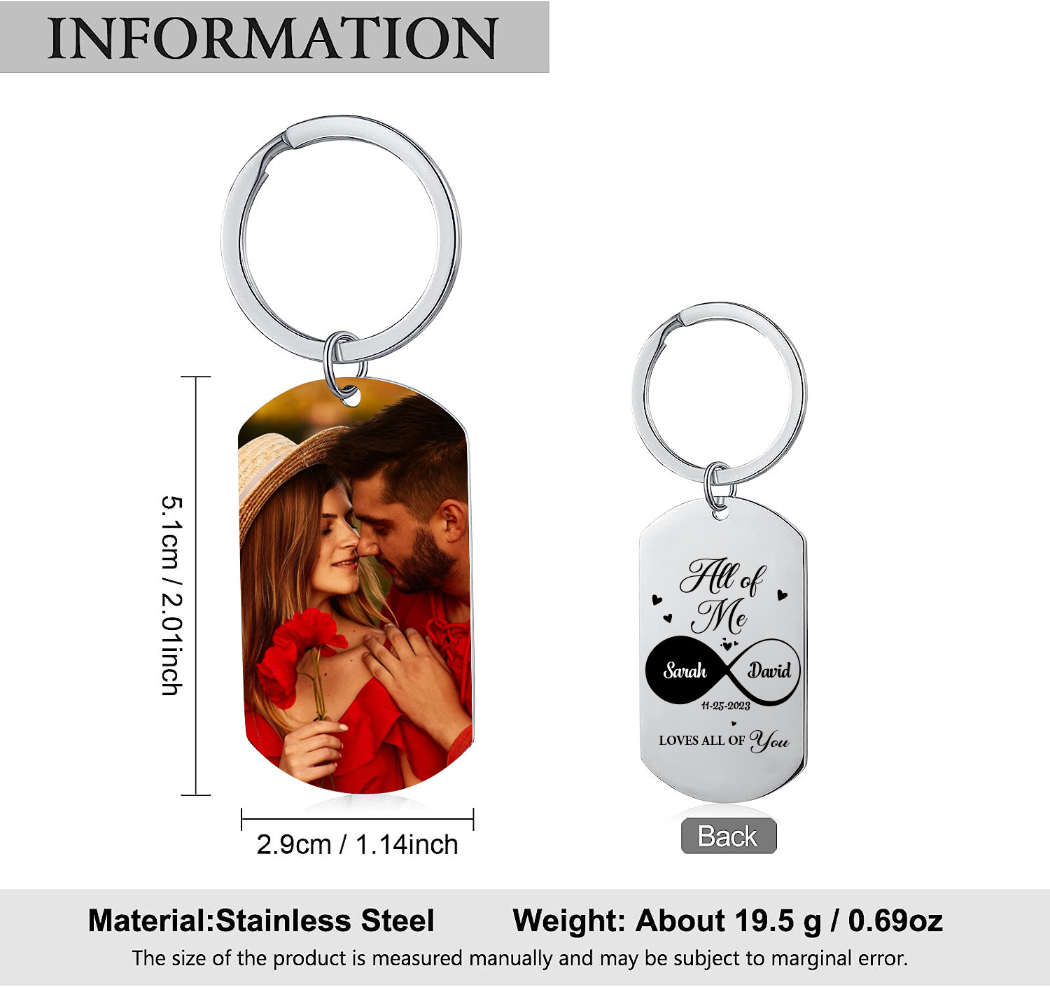 Personalised Couple Photo Keychain Custom 2 Names & Date Keyring Infinity Gifts - All of Me Loves All of You-Jessemade AU