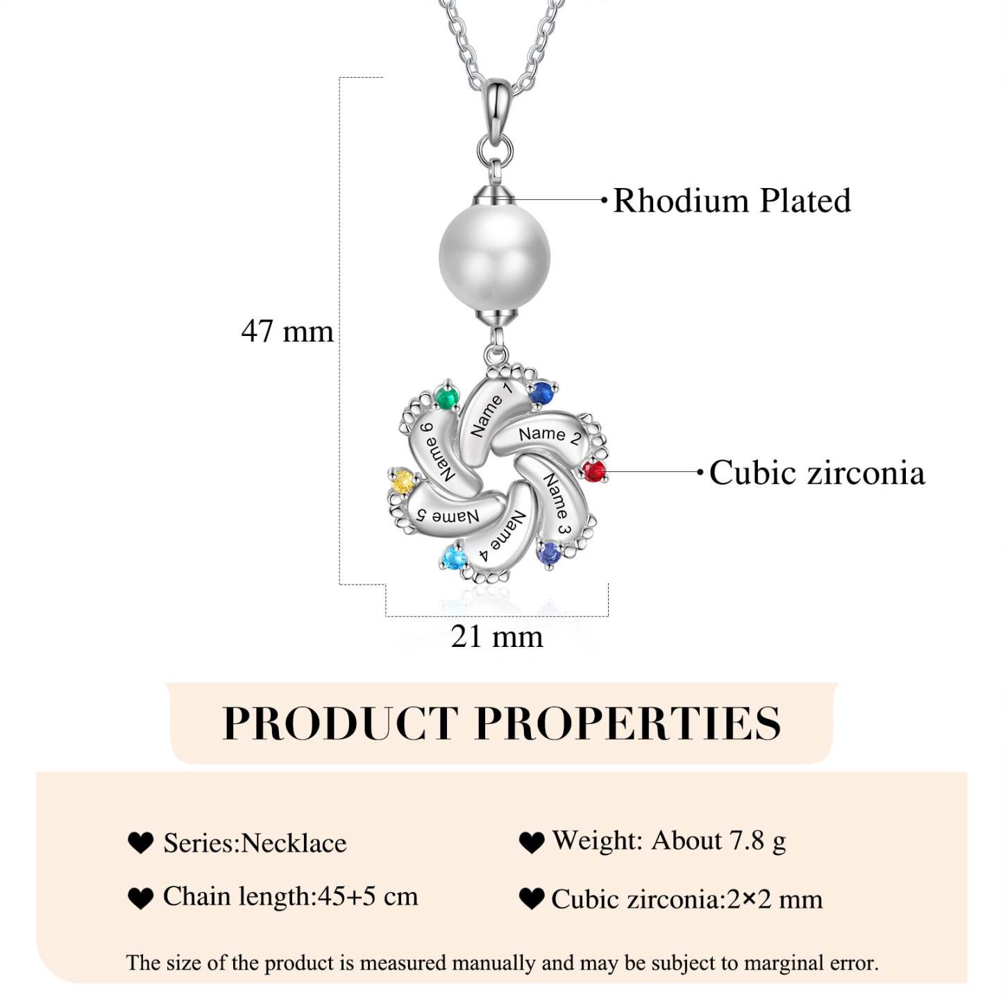 Personalised Baby Feet Pearl Necklace Custom 6 Names & Birthstones Mother Necklace-Jessemade AU