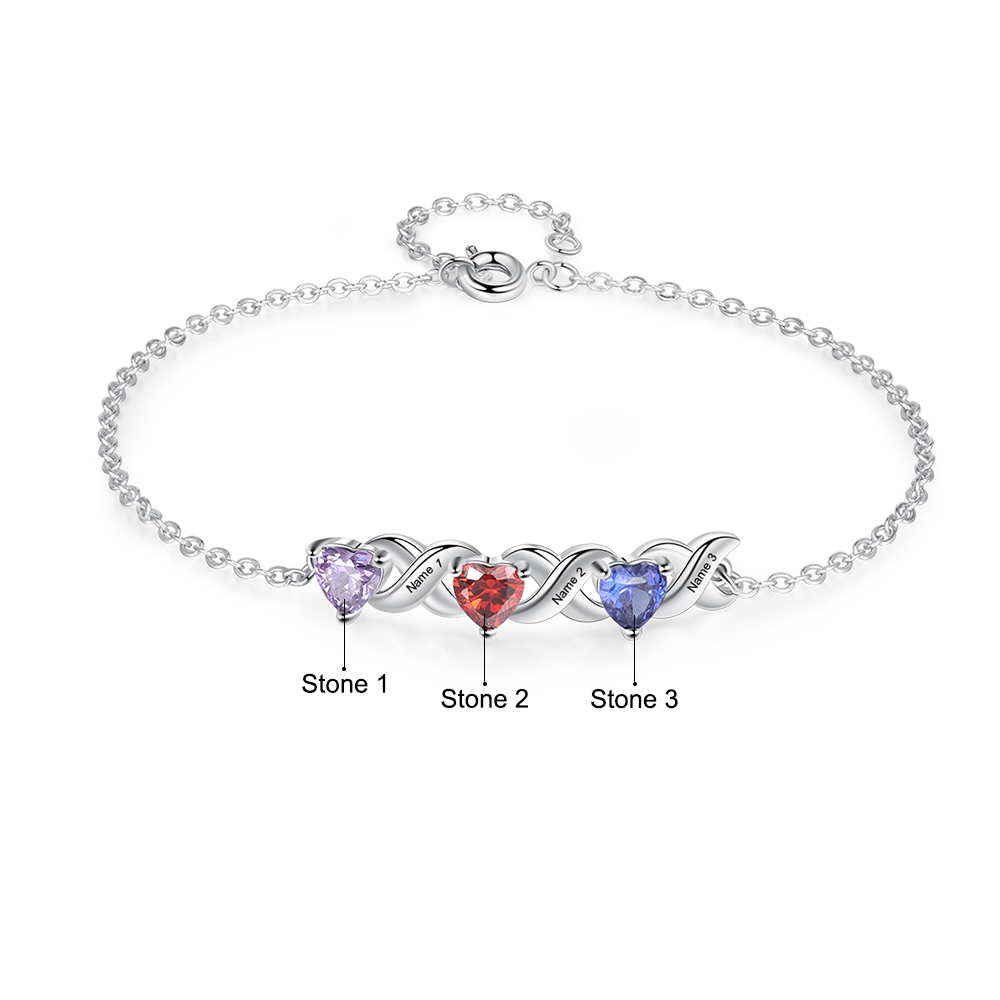 Personalised Bracelet With 3 Heart Birthstones Engraved Names Bracelet Gift For Women-Jessemade AU