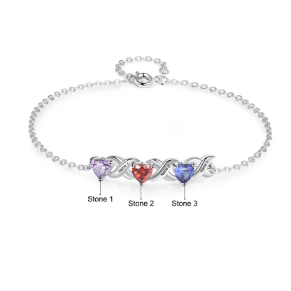 Personalised Bracelet With 3 Heart Birthstones Engraved Names Bracelet Gift For Women-Jessemade AU