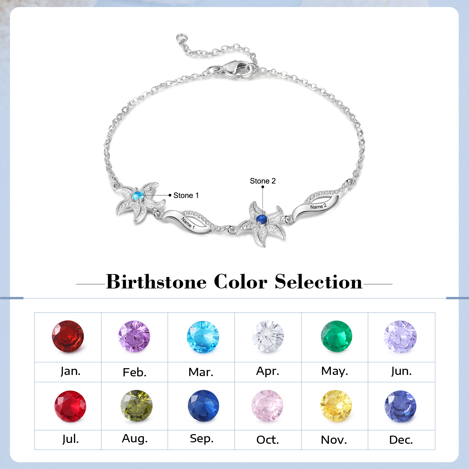 Personalised Women's Bracelet Custom 2 Birthstones Bracelet Starfish Adjustable Bracelet Mother's Day Gift for Her-Jessemade AU
