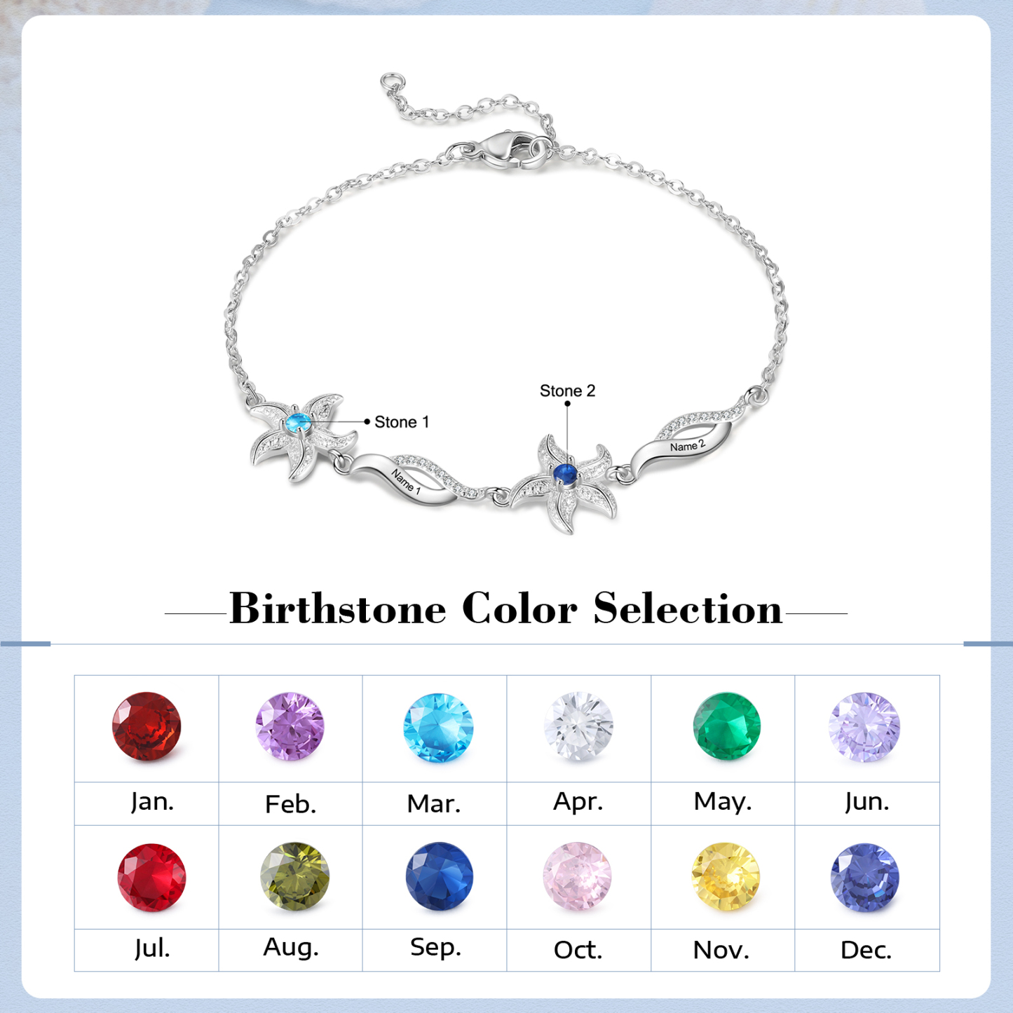 Personalised Women's Bracelet Custom 2 Birthstones Bracelet Starfish Adjustable Bracelet Mother's Day Gift for Her-Jessemade AU