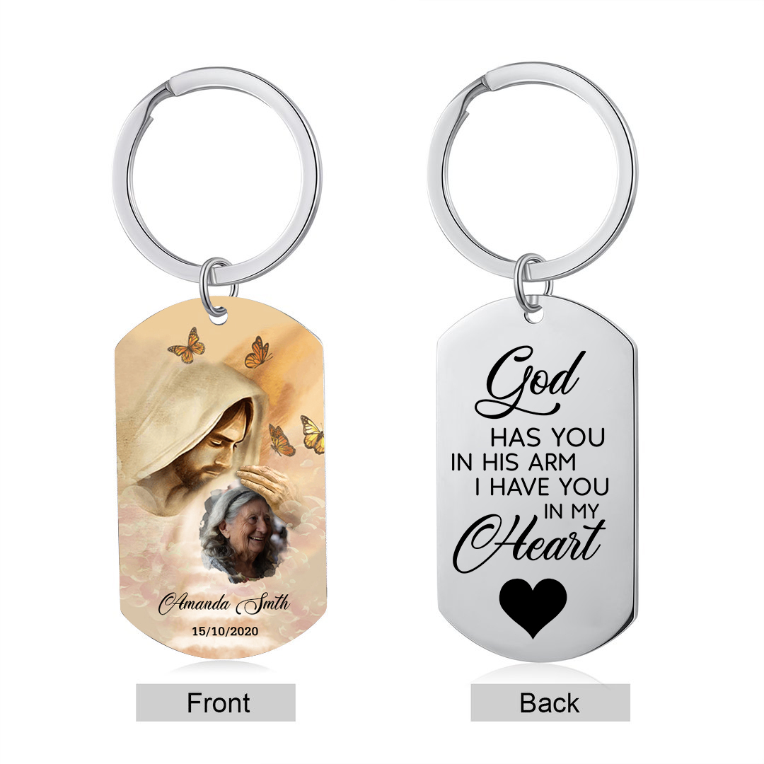 Memorial Photo Keychain Custom Name & Date Keyring Personalised Keychains - God Has You in His Arm, I Have You in My Heart-Jessemade AU