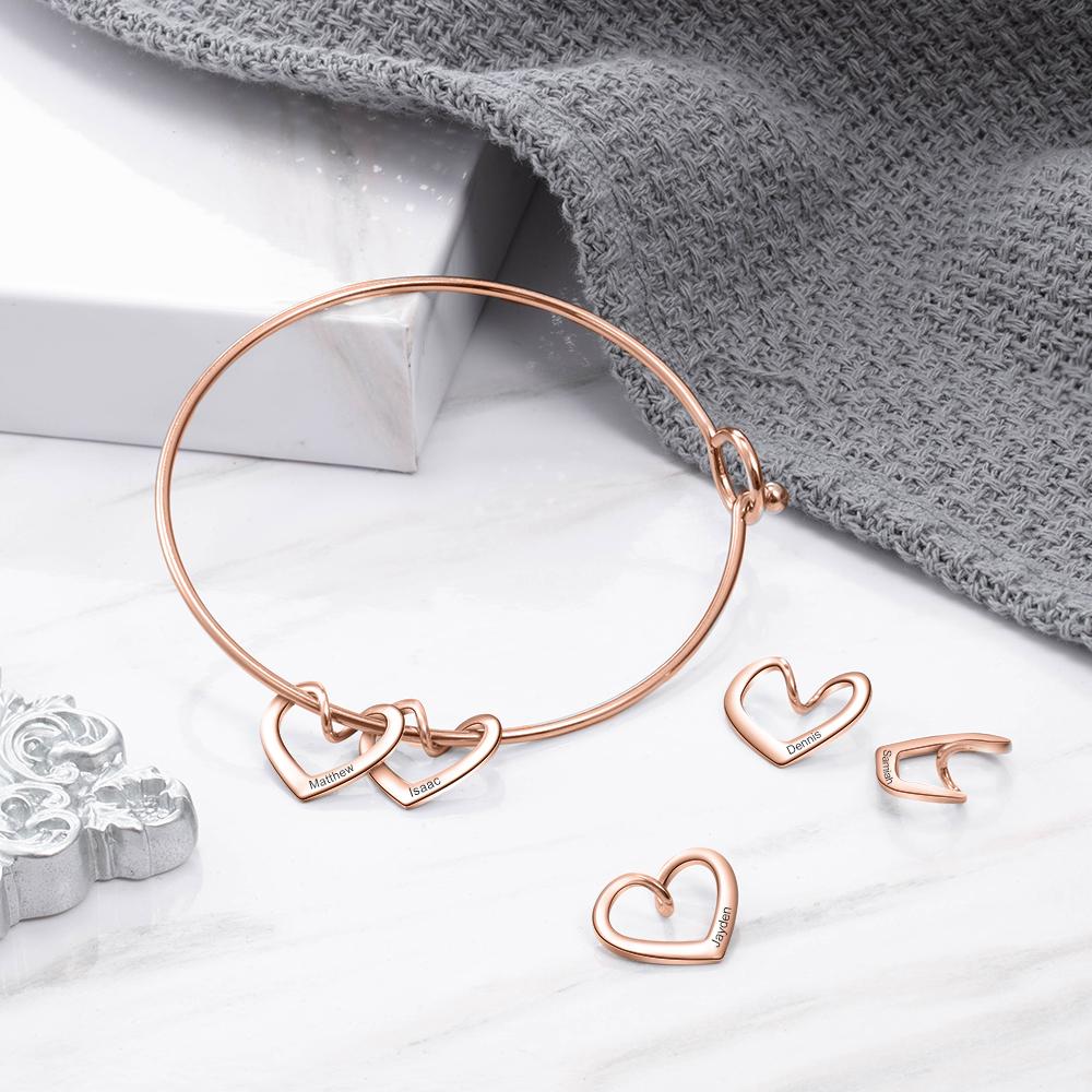 Personalised Love Bracelet with 2 Heart Charms Engraved Name Bangle Bracelet-Jessemade AU