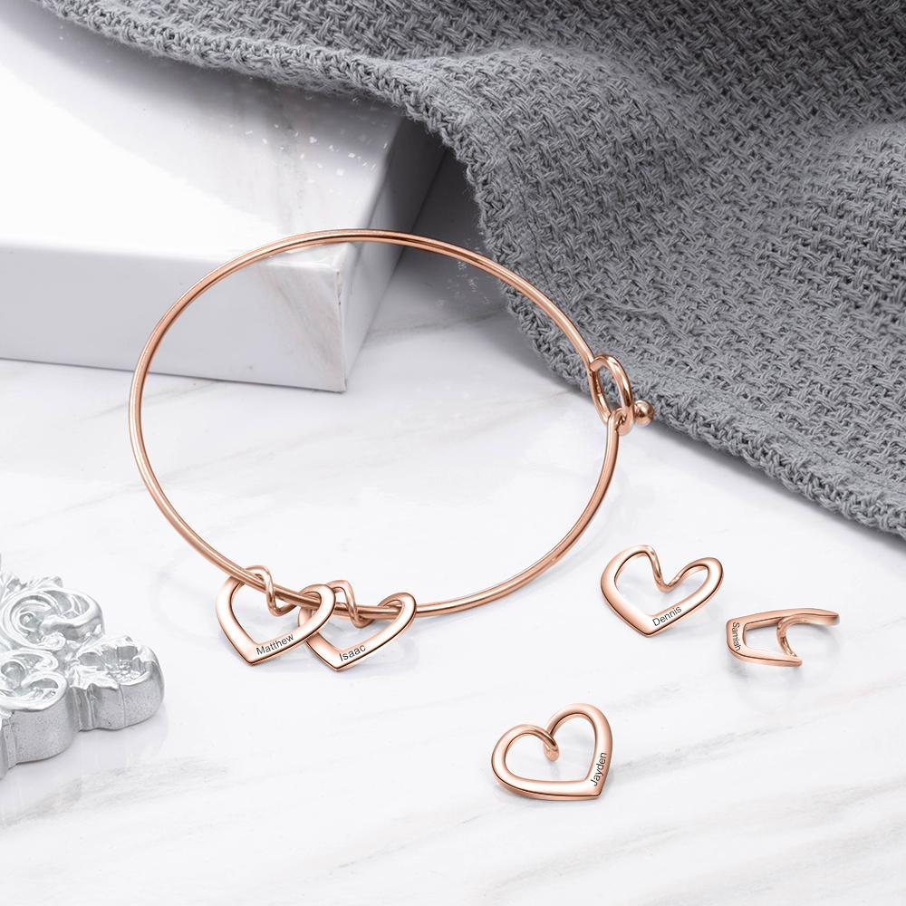 Personalised Love Bracelet with 2 Heart Charms Engraved Name Bangle Bracelet-Jessemade AU