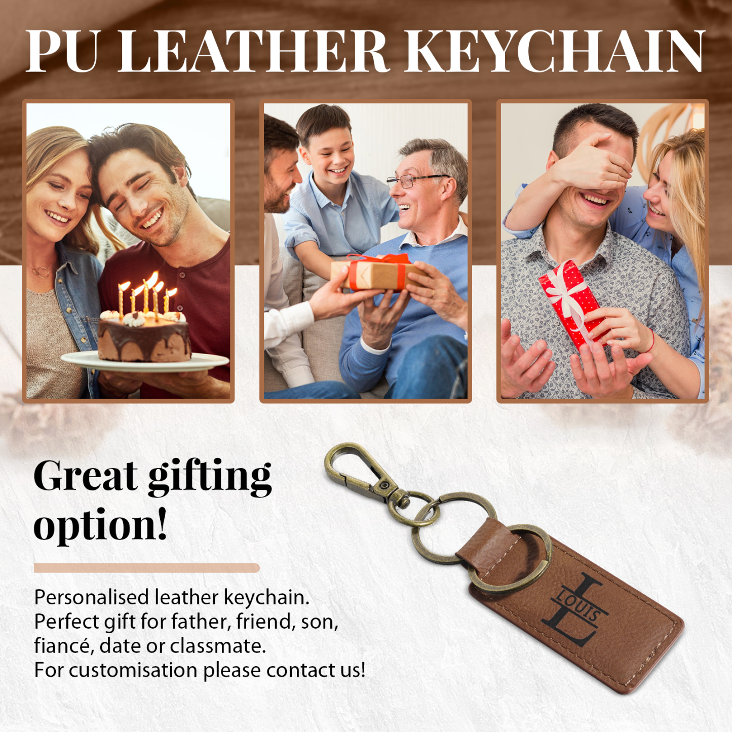 Personalised Men's Leather Keychain Custom Name & Letter Keychain Brown Valentine's Gift for Him-Jessemade AU