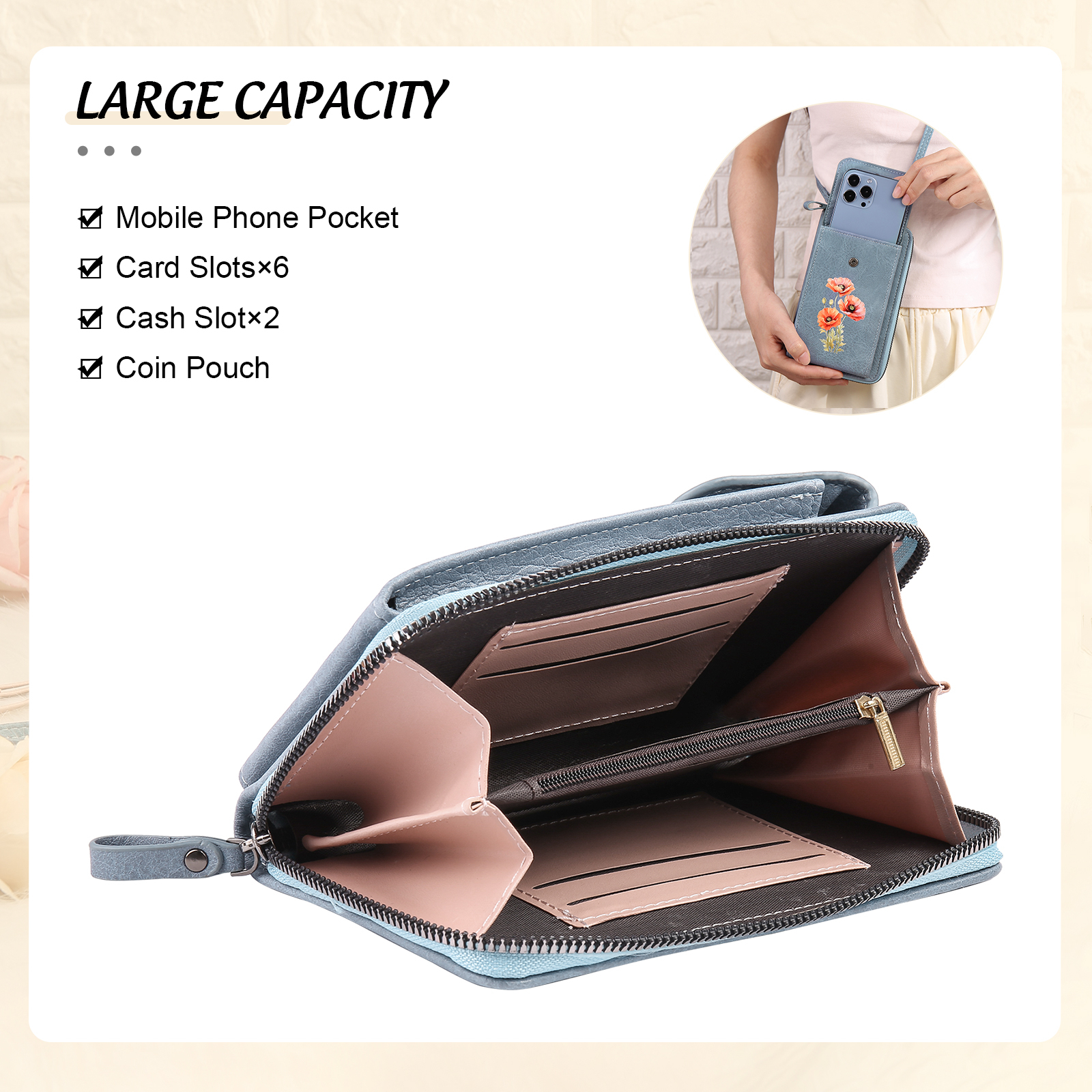 Personalised Women's Leather Wallet Custom Birthday Flower & Name Mobile Phone Wallet Zipper Crossbody Bag