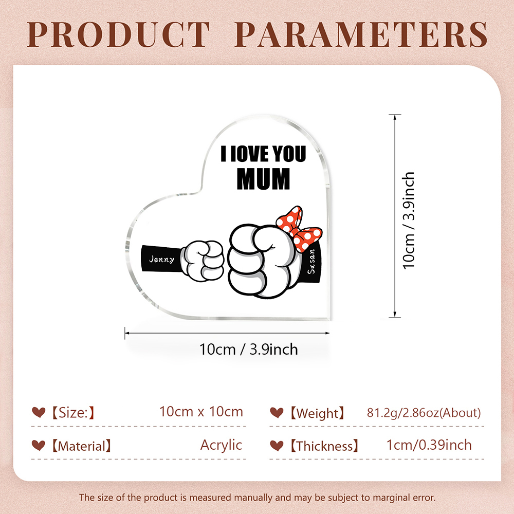 2 Names - Personalised Acrylic Heart Keepsake Custom Name & Text Fist Bump Ornaments Gifts for Family-Jessemade AU