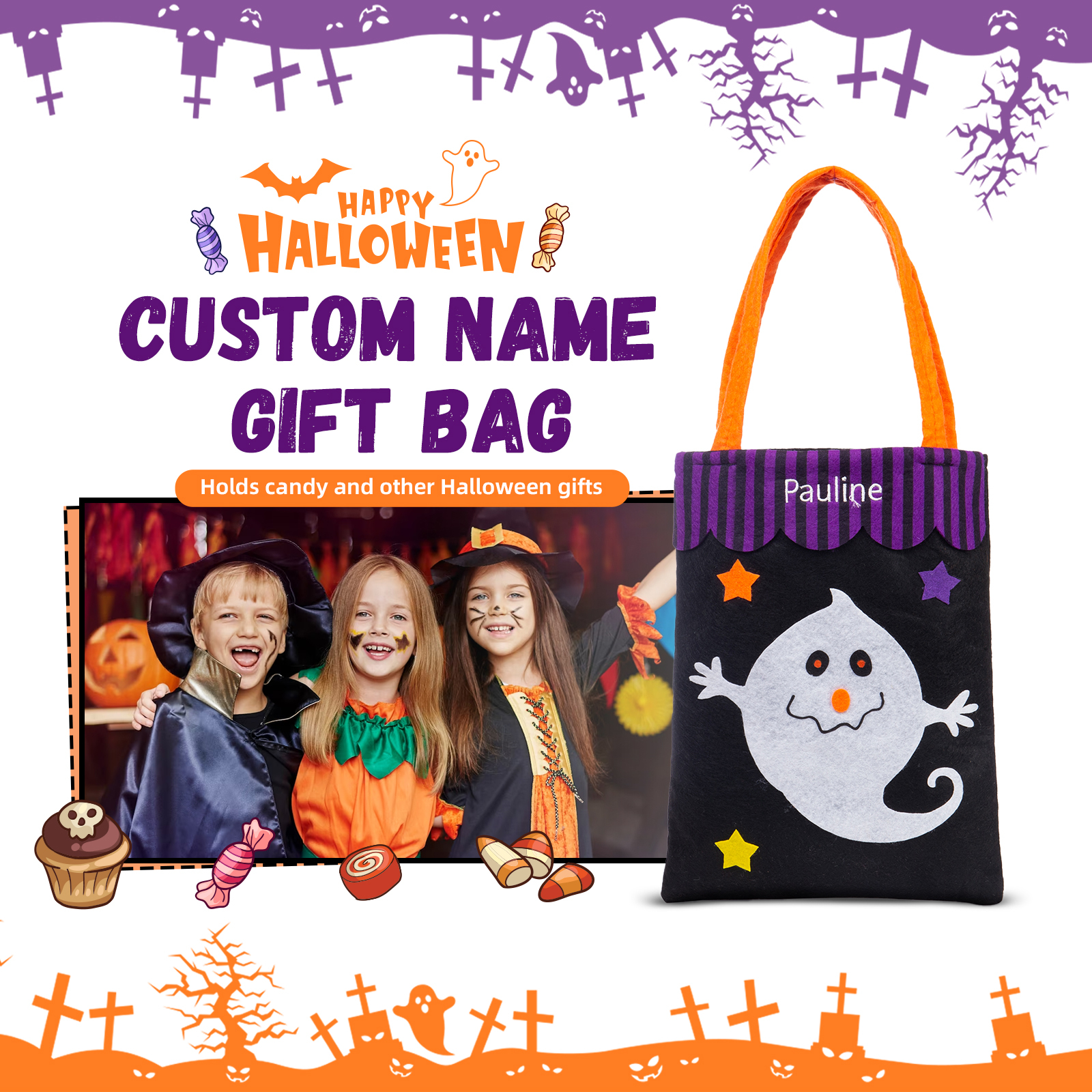 Personalised Halloween Tote Bags Custom 1 Name Tote Bag Halloween Candy Bag for Kids-Jessemade AU