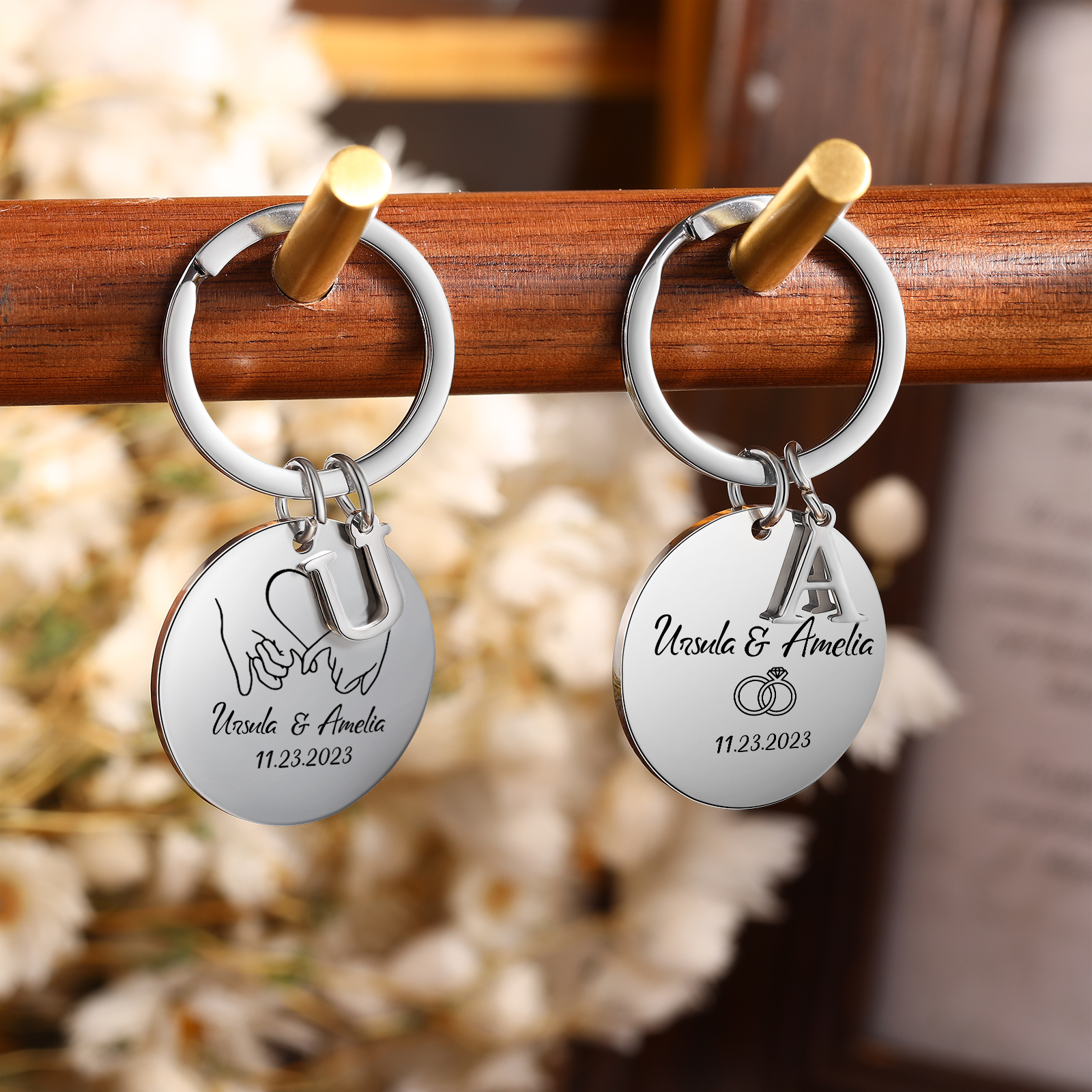 2 PCS Couple Keychains Custom 2 Names & 2 Letters & Date Keyring Valentine's Day Matching Couple Gift for Him/Her-Jessemade AU