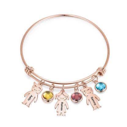 Women Bangle Bracelet with Kids Charms 3 Birthstones Engraved 3 Names Rose Box Set-Jessemade AU