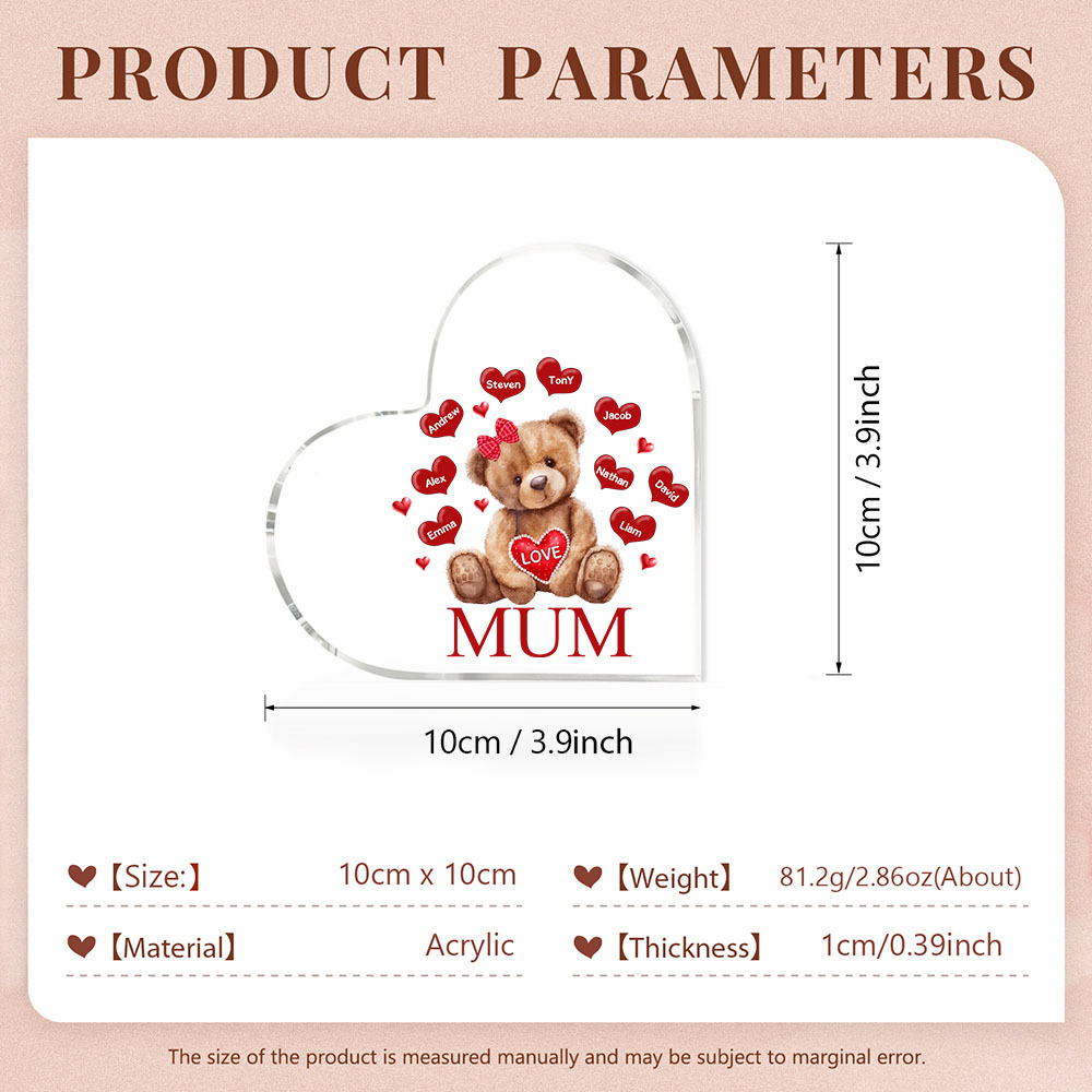 9 Names - Personalised Acrylic Heart Keepsake Custom 2 Texts Teddy Bear Ornaments Gifts for Grandma/Mother-Jessemade AU