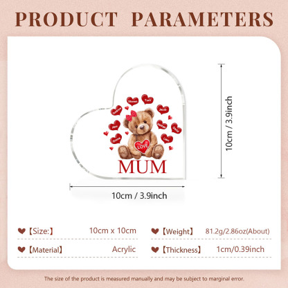 9 Names - Personalised Acrylic Heart Keepsake Custom 2 Texts Teddy Bear Ornaments Gifts for Grandma/Mother-Jessemade AU