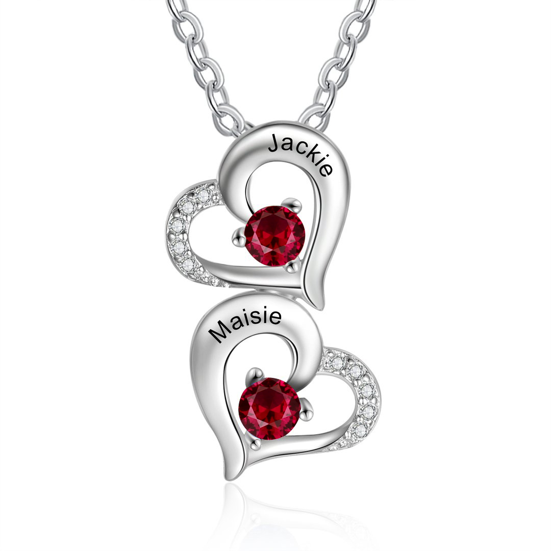 Personalised Heart Necklace With 2 Birthstones Engraved Names Gift For Her-Jessemade AU