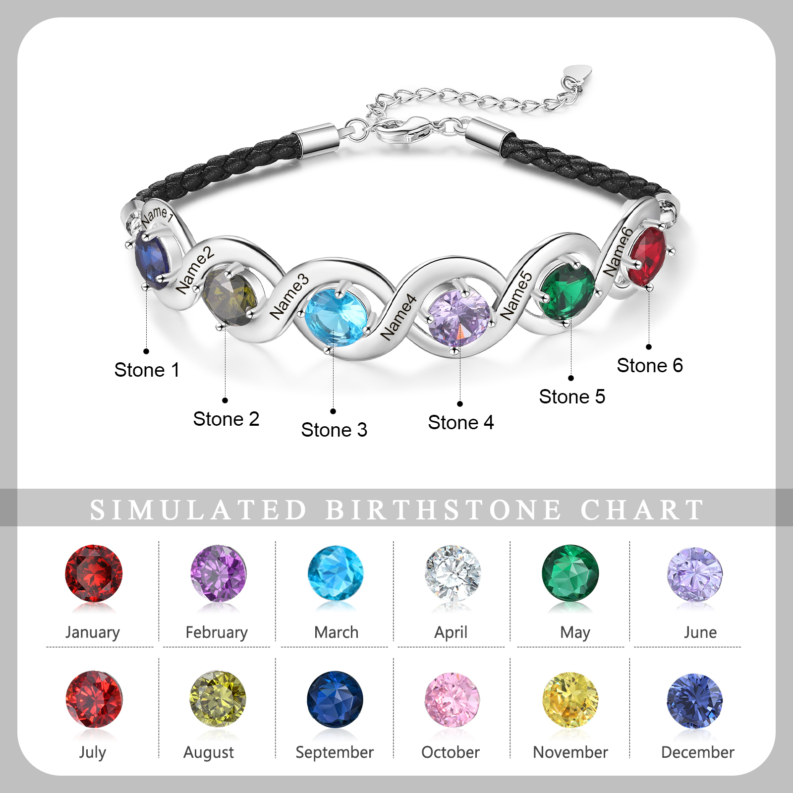 Personalised Infinity Bracelets Custom 6 Birthstones & 6 Names Adjustable Bracelet Gift for Her