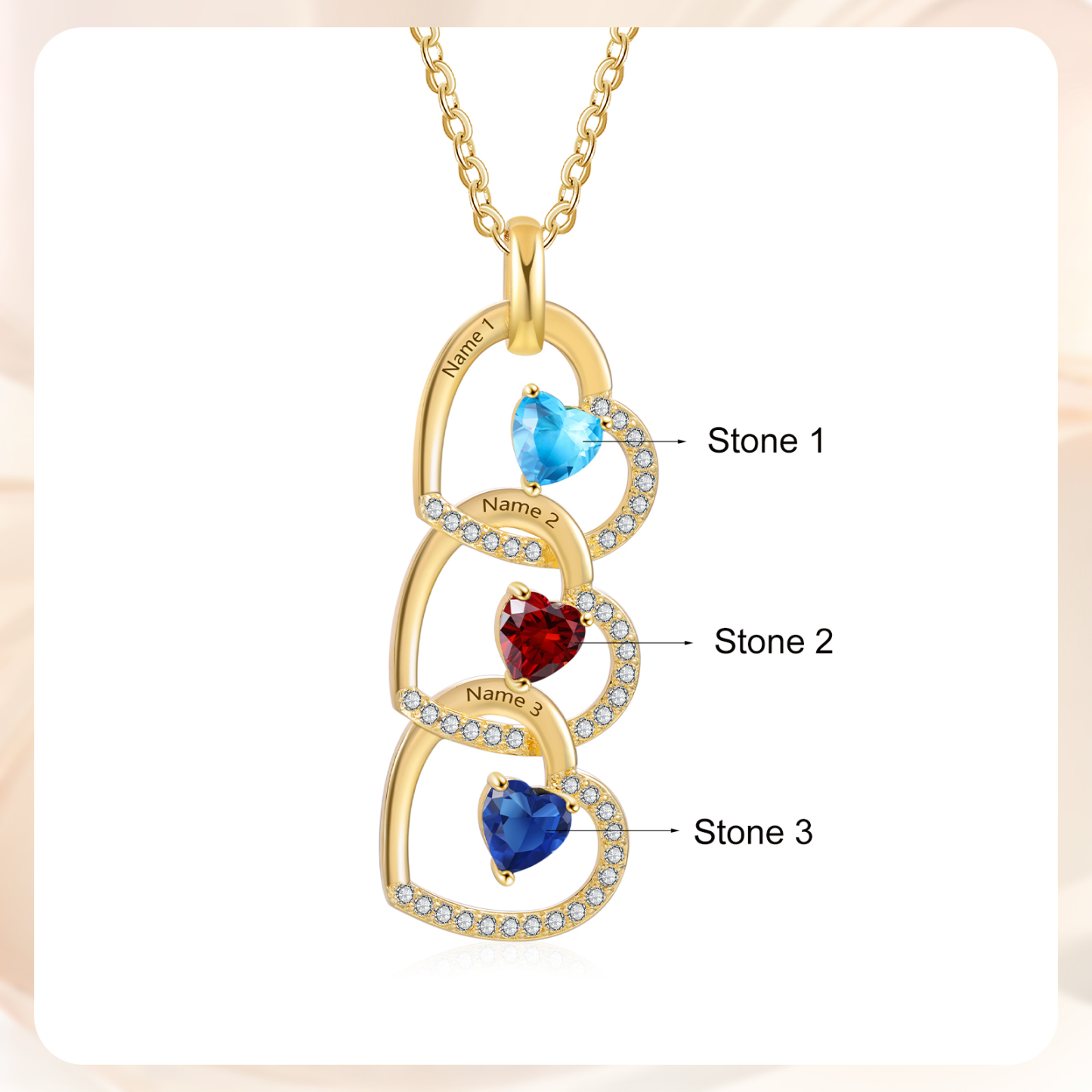 Personalised Heart Pendant Necklace Custom 3 Birthstones & 3 Names Necklace Gifts for Her-Jessemade AU