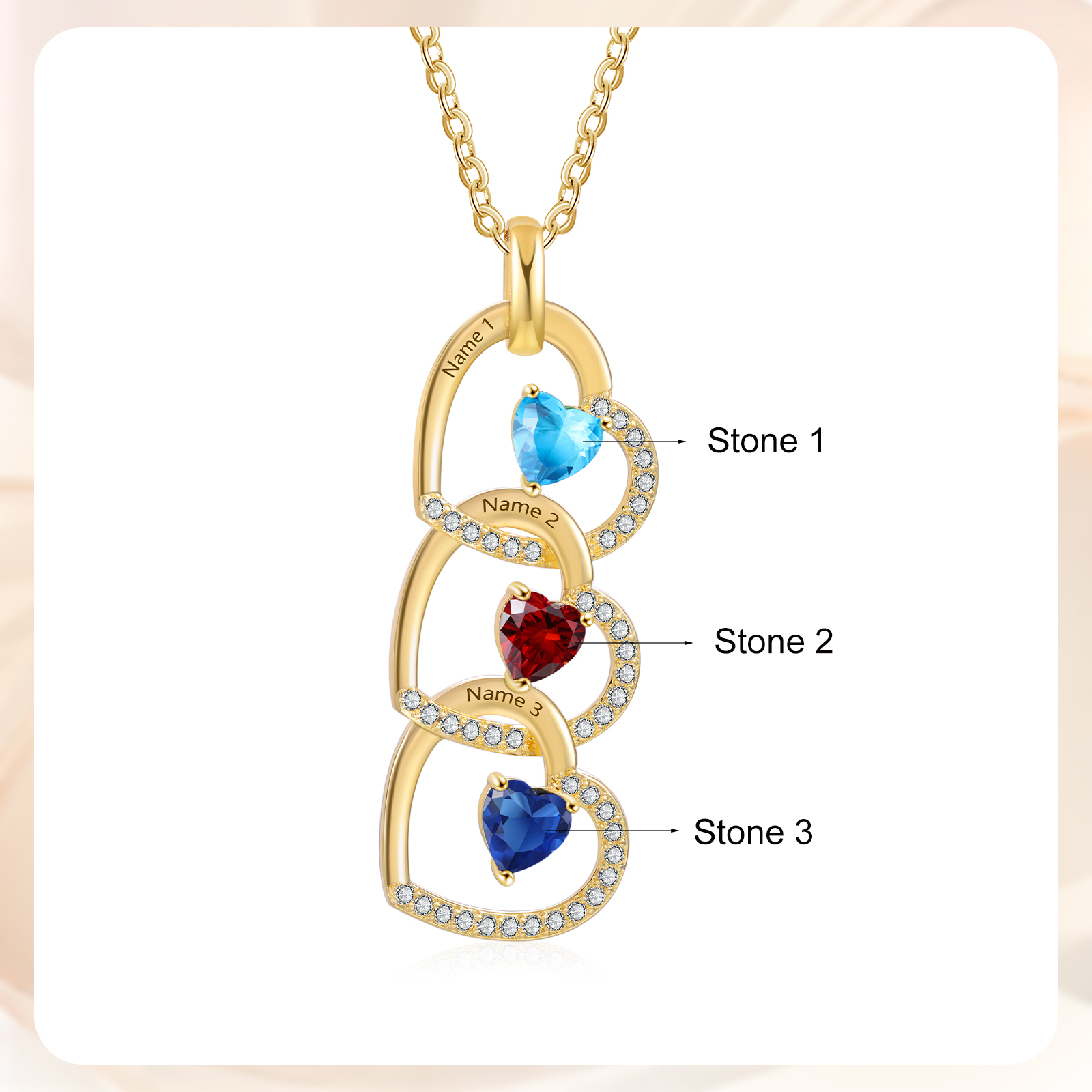 Personalised Heart Pendant Necklace Custom 3 Birthstones & 3 Names Necklace Gifts for Her-Jessemade AU