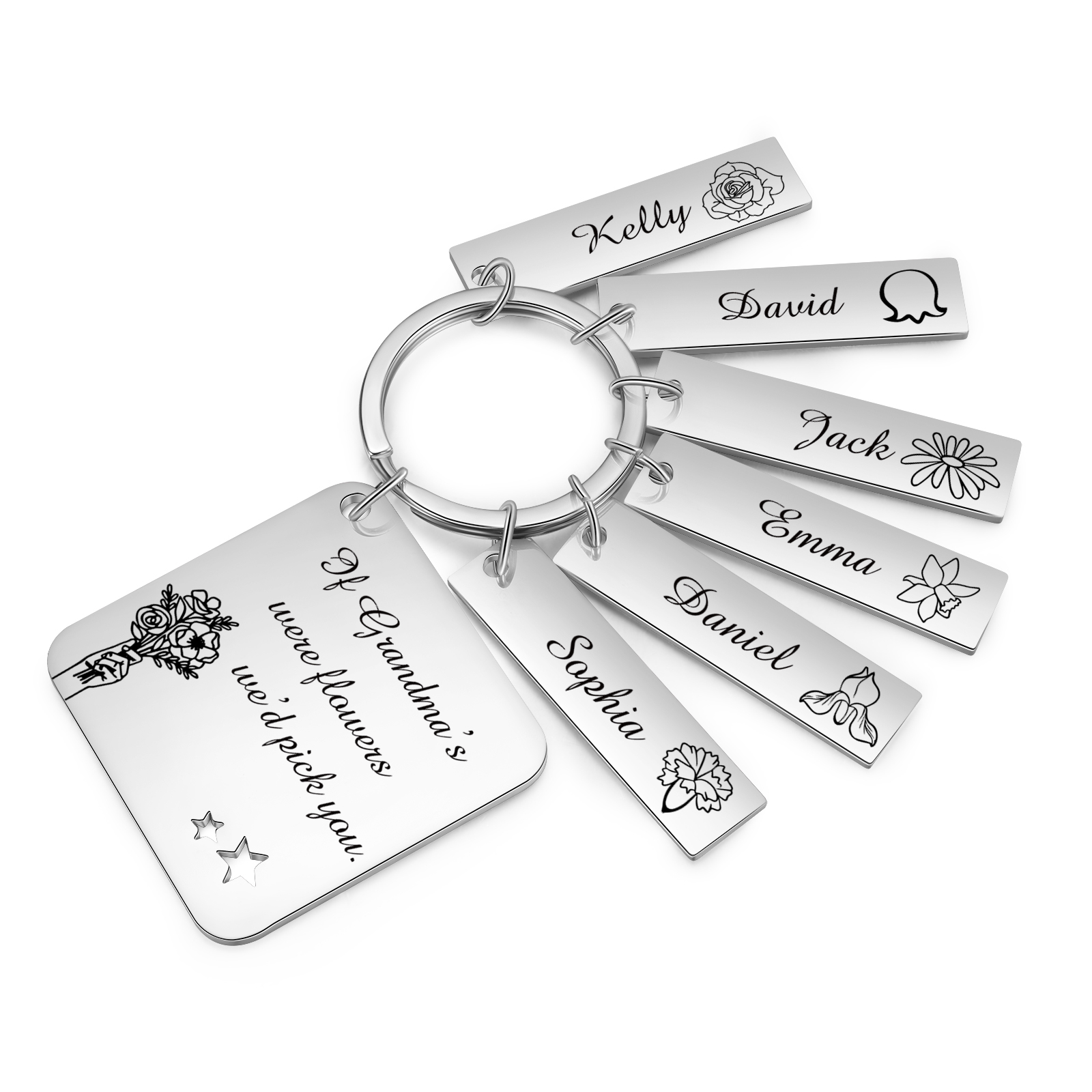 Personalised 6 Names & 6 Birth Flowers Keychain Custom Text Family Keychain Gifts for Mother/Grandma-Jessemade AU