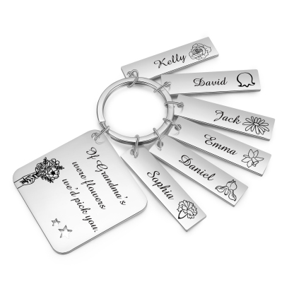 Personalised 6 Names & 6 Birth Flowers Keychain Custom Text Family Keychain Gifts for Mother/Grandma-Jessemade AU