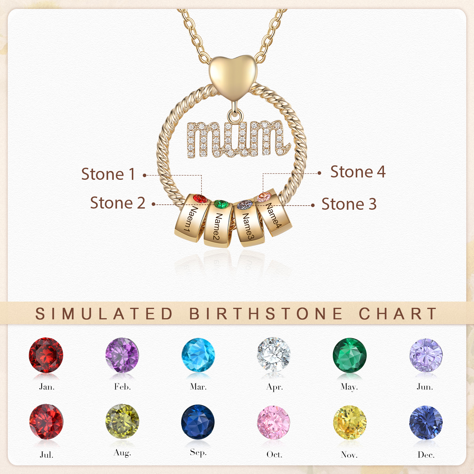 Personalised Circle Necklace With 4 Birthstones Pendant Engraved Names Gift For Mum-Jessemade AU