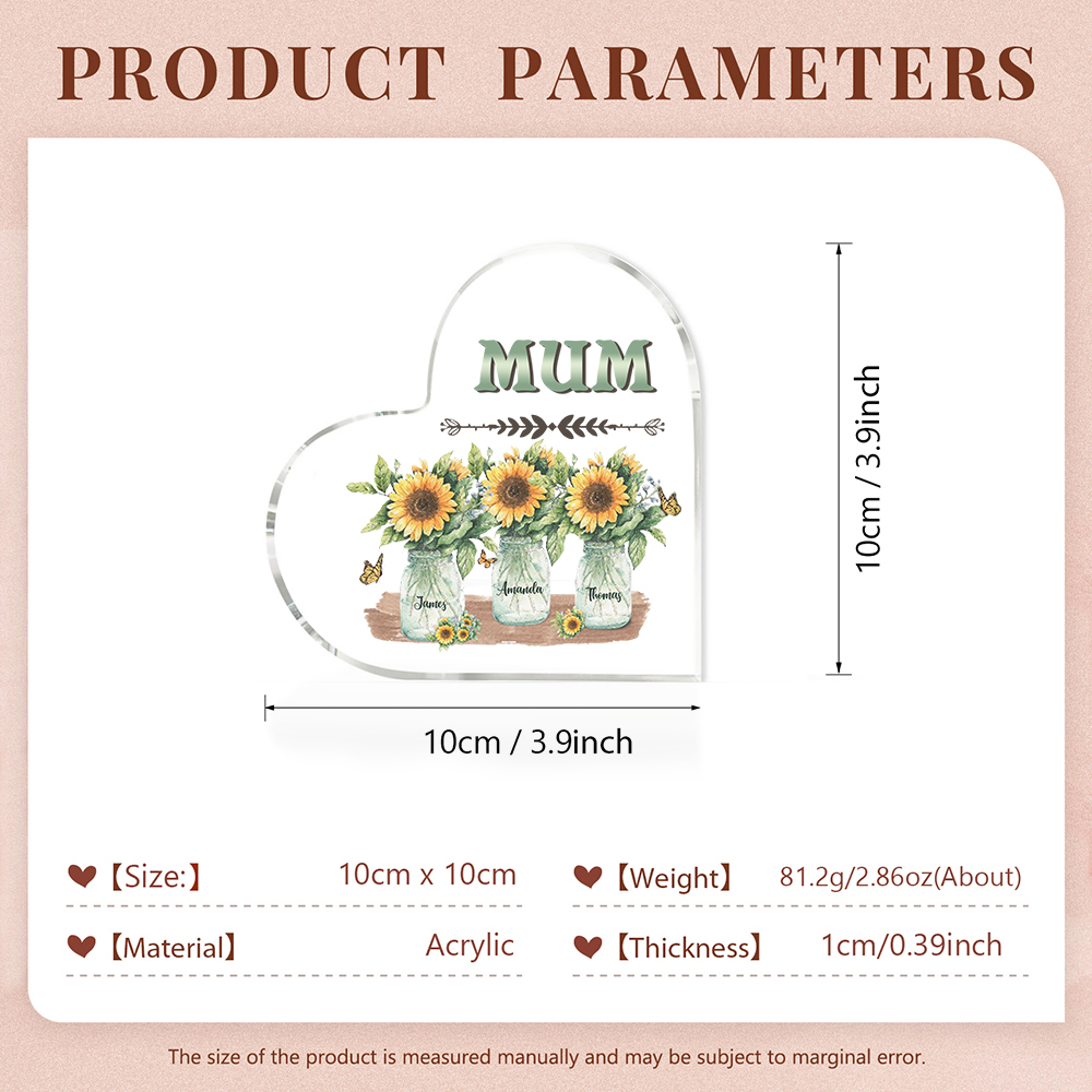 Personalised Acrylic Heart Keepsake Custom 3 Names & 1 Text Sunflower Vase Ornament Gifts for Mother/Grandma-Jessemade AU