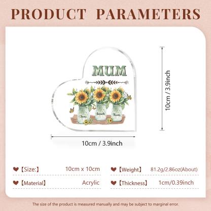 Personalised Acrylic Heart Keepsake Custom 3 Names & 1 Text Sunflower Vase Ornament Gifts for Mother/Grandma-Jessemade AU