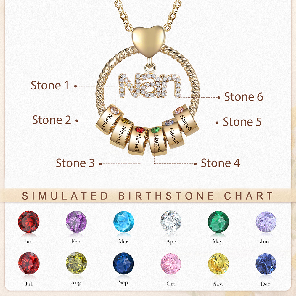 6 Names - Personalised Nan Necklace Custom Names & Birthstones Circle Pendant Necklace Gift for Grandma Nanna