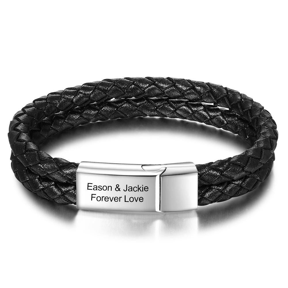 Men Leather Bracelet Engraved Bar Name Bracelet Valentine's Day Gift For Him-Jessemade AU