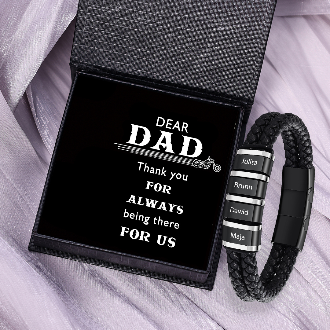 4 Names - Men's Leather Bracelet Custom Names Beaded Bracelet Adjustable Personalised Gift for Him