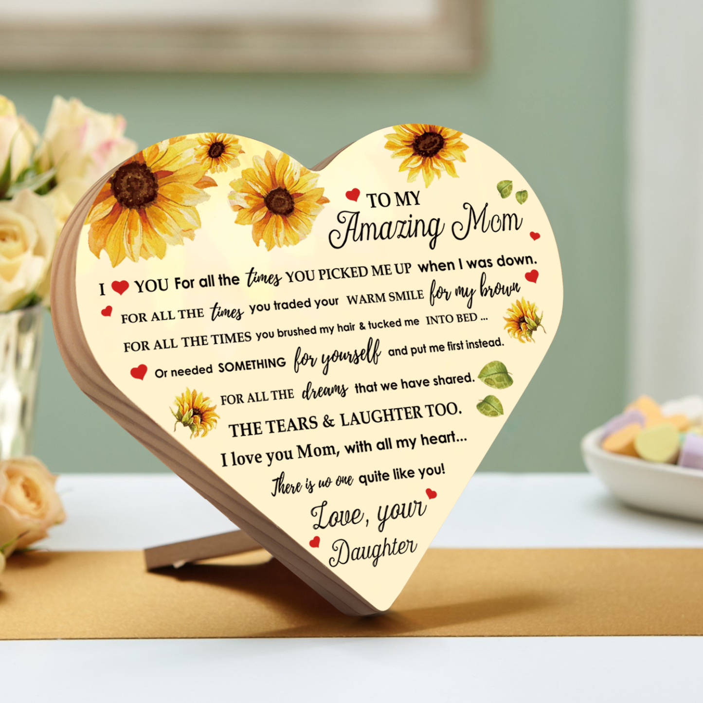 To My Amazing Mom I ❤️ U Wooden Flowers Heart Keepsake Desktop Ornament Mothers Gifts-Jessemade AU