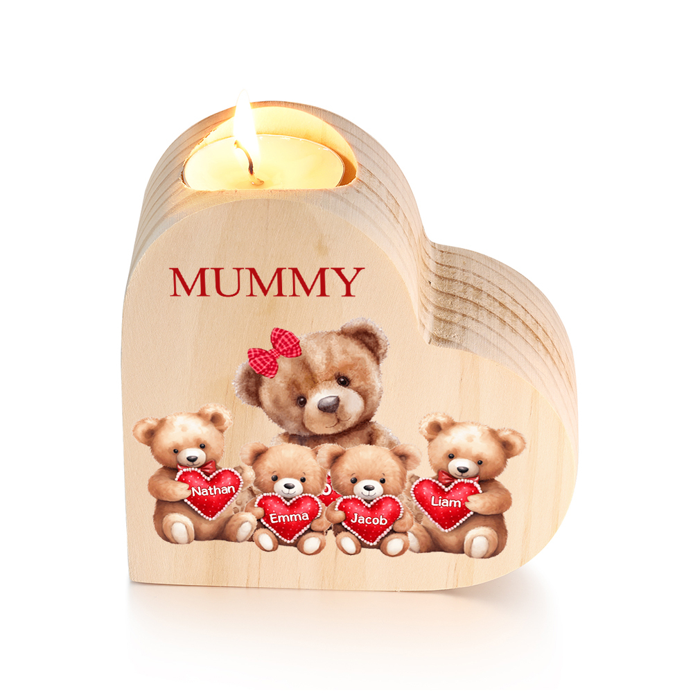 Personalised 4 Names & 1 Text Candle Holder Teddy Bear Wooden Candlestick Gifts for Grandma/Mother-Jessemade AU