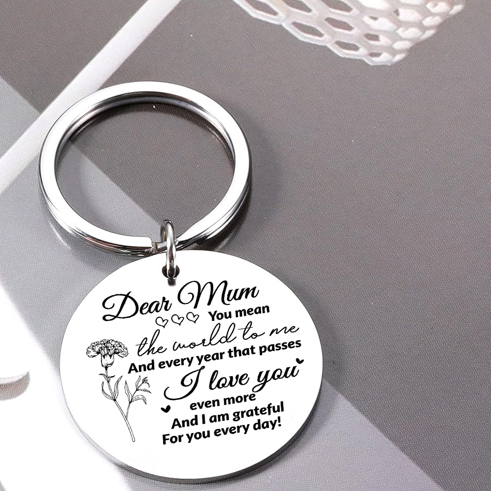 Personalised Text Keychain Circle Pendant Carnation Keychain Gift for Mum/Mom - You Mean The World To Me -Jessemade AU