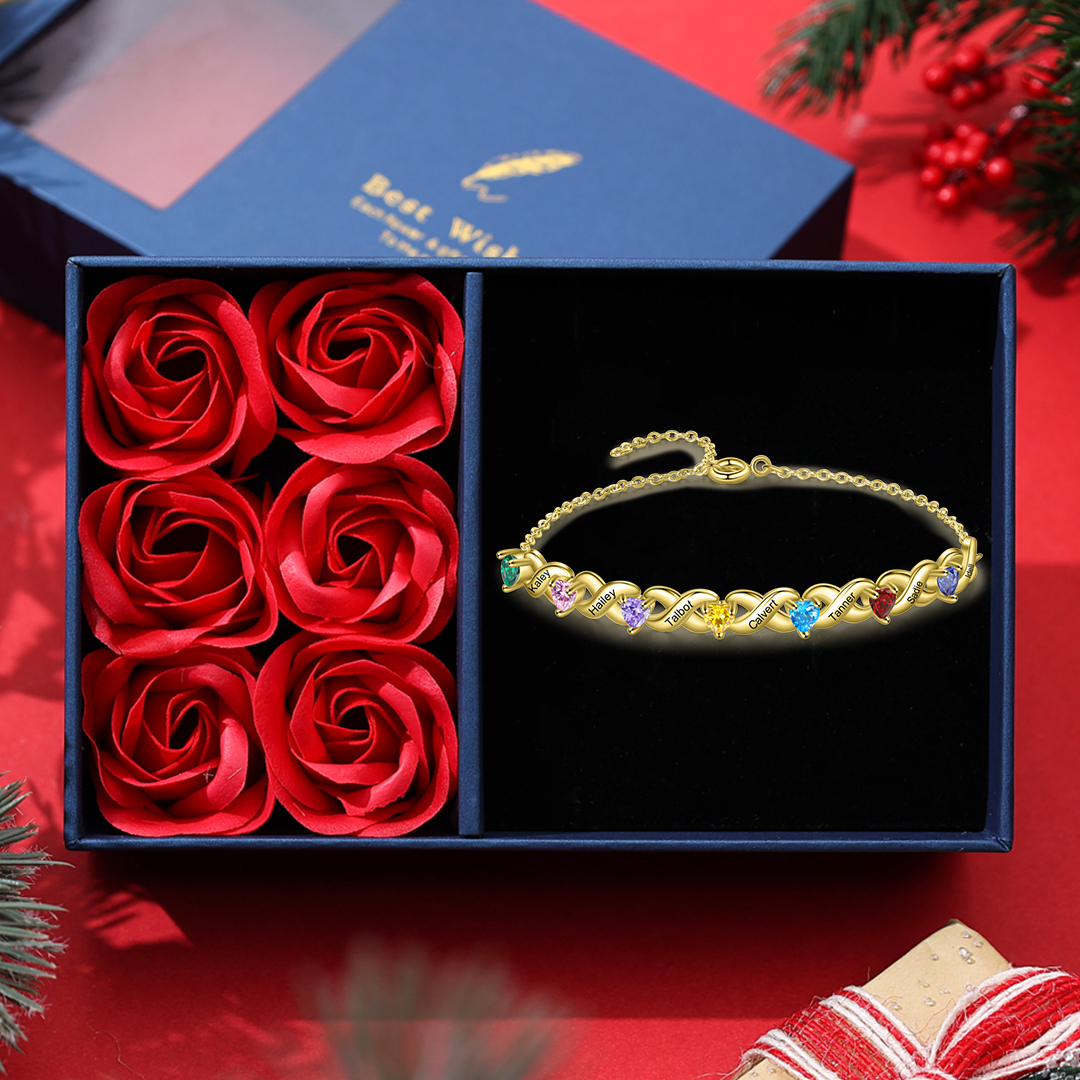 Family Custom Bracelet Heart Personalised with 7 Birthstones Gift Box Set-Jessemade AU