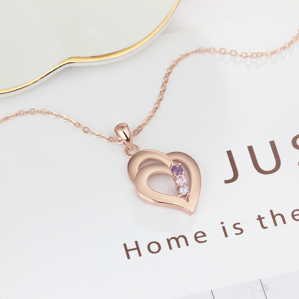 Personalised Heart Necklace With 3 Birthstones Engraved Names Gift For Her-Jessemade AU