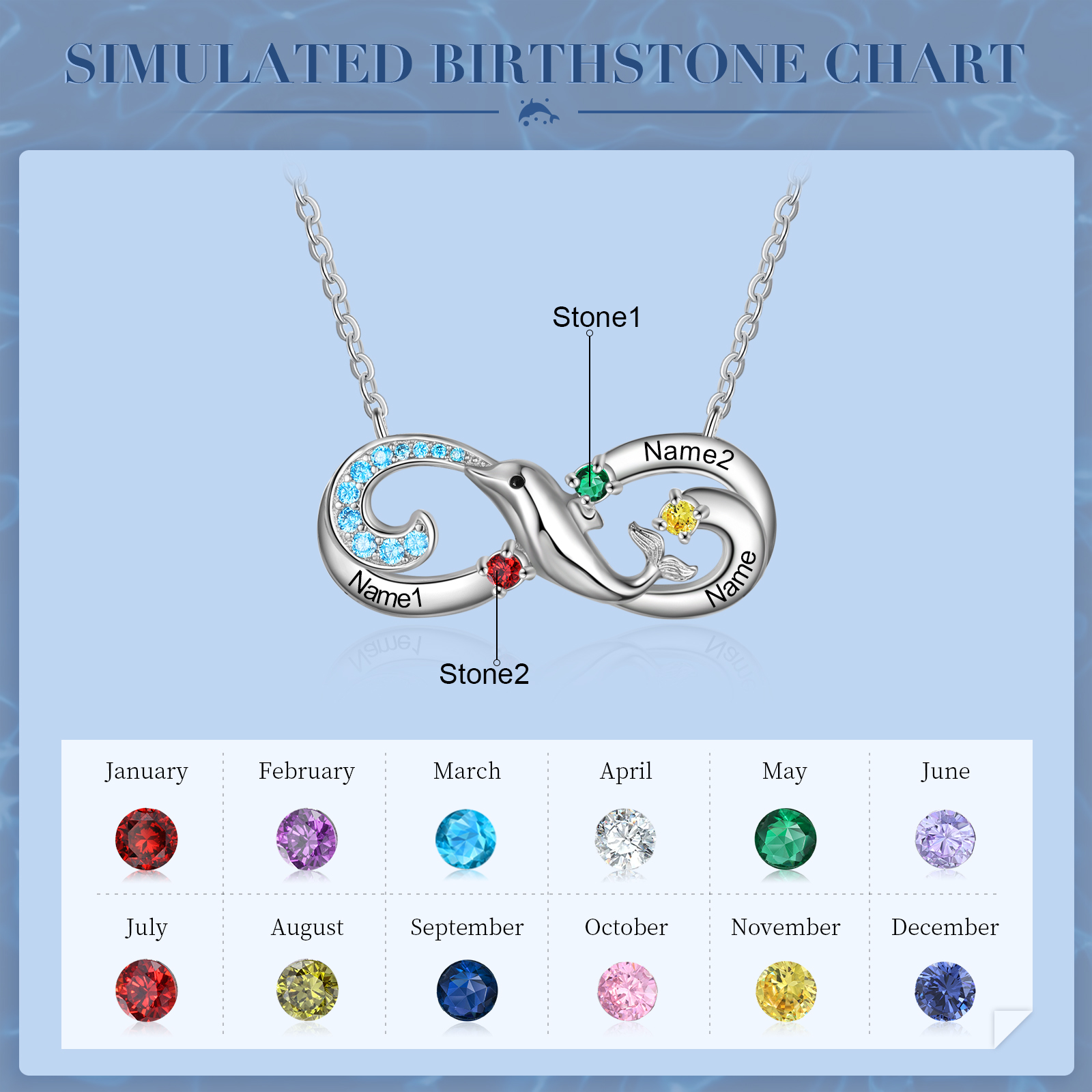 Personalised Infinite Dolphin Necklace With 3 Birthstones Custom Names Best Gift For Her-Jessemade AU